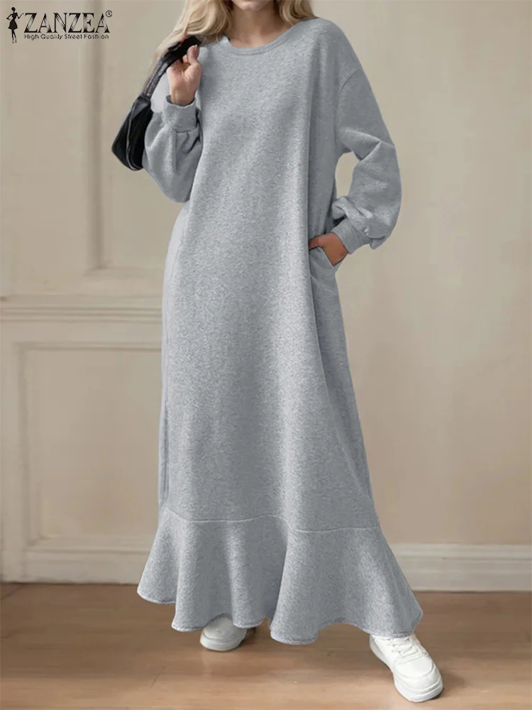 

ZANZEA Drop-shoulder Lantern Sleeve Maxi Dress Ruffled Hem Loose Casual Solid 2024 Fall Sweatshirt Dress O Neck Women Vestidos