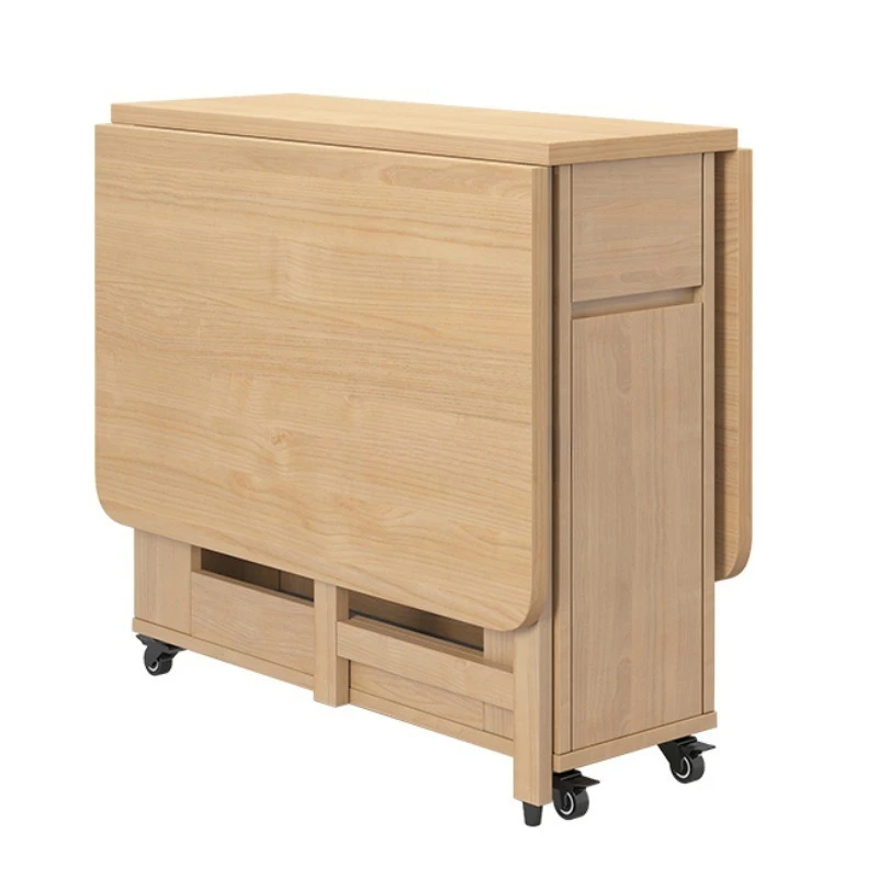 A set of solid wood folding dining table chairs for small household use multi-functional movable dining table
