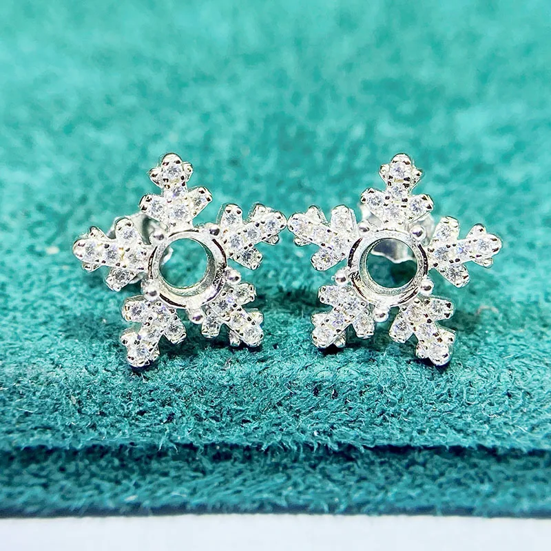 MeiBaPJ 4mm DIY 925 Silver Empty Holder Snowflake Stud Earrings Fine Charm Party Jewelry for Women