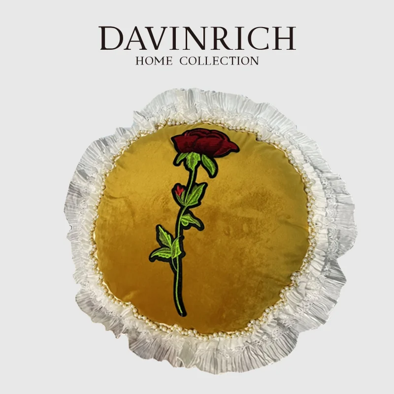 

DAVINRICH Romantic French Retro Throw Round Pillow Covers A Red Rose Embroidered Cushion Case With Beaded Lace Tassels 40x40cm