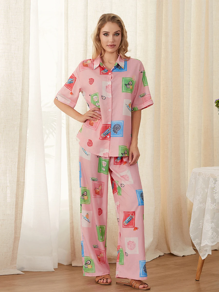 Women Pajamas Set 2 Pieces Loungewear Suits Multi Patterns Print Short Sleeve Shirts Tops and Pants Sleepwear Outfits