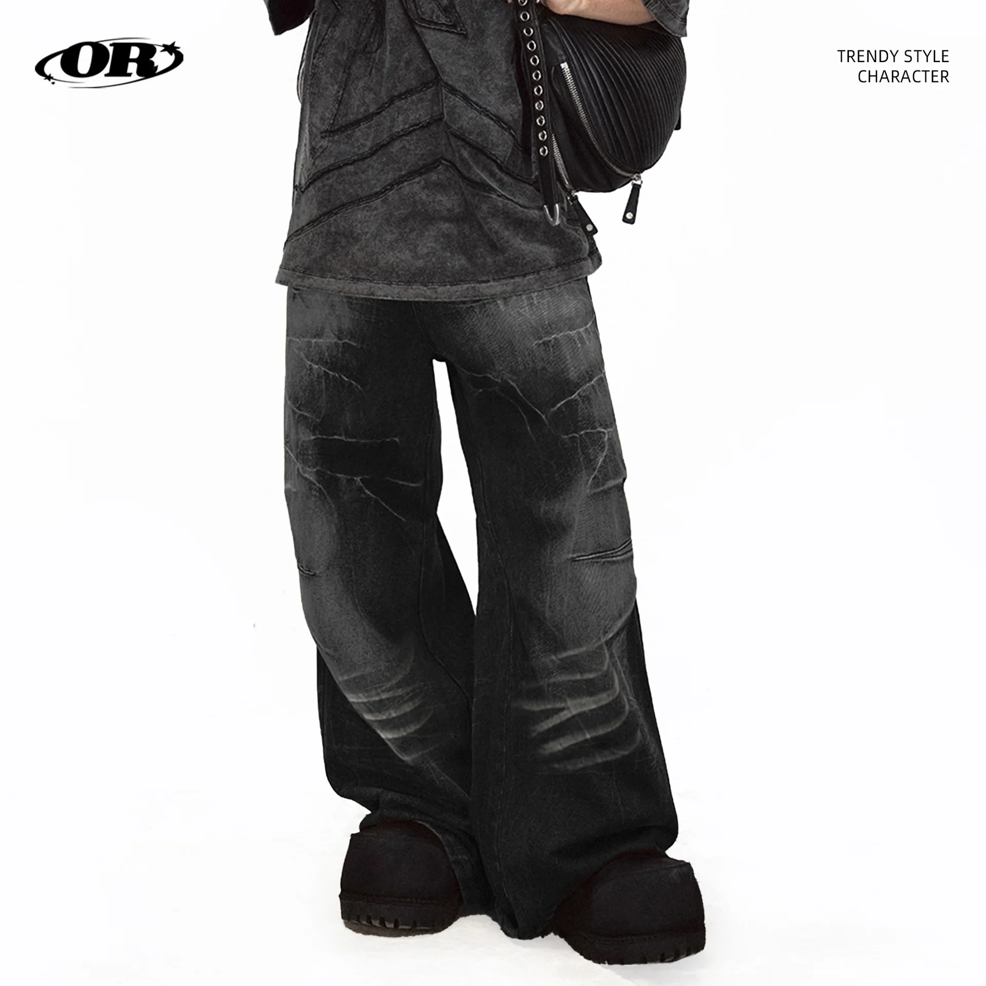 

OR FL Lightning Crack Wei La 80 Хлопковые женские джинсы Новый стиль Модный бренд Ретро Старение Скретч Марк Швабра по полу Широкие джинсы