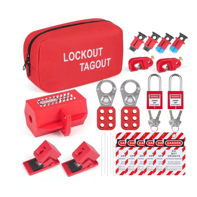 Red Set Electrical Lockout Tagout Kits Safety Hasp Latch Warning Tags Circuit Breaker Loto Locks Nylon Ties with Pocket Bag