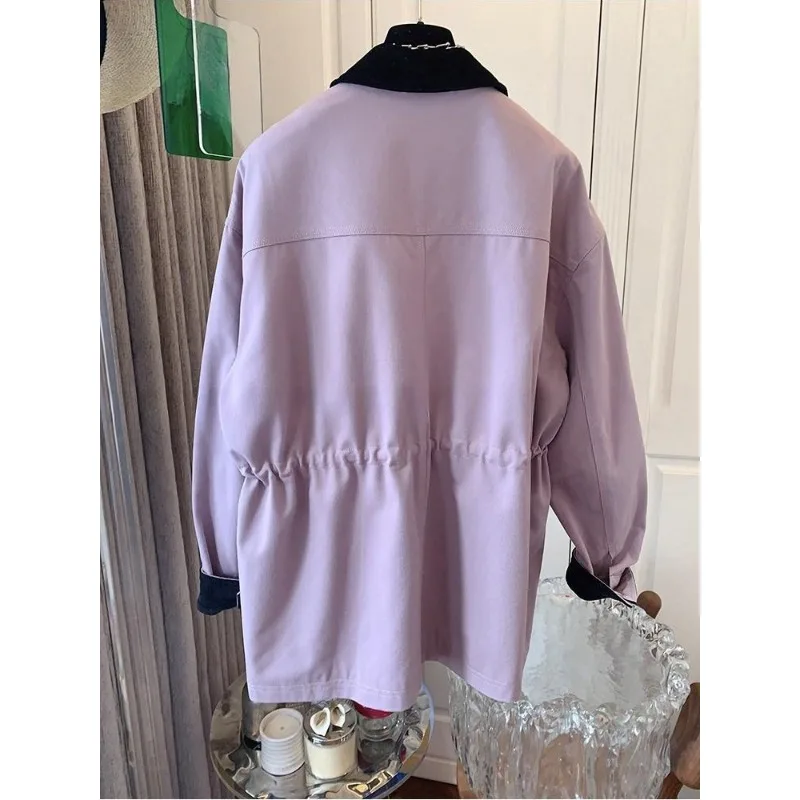 เสื้อโค้ททรงหลวมคอปกโปโลสีชมพูตัดกันสไตล์เรโทร SuperAen สำหรับผู้หญิง ฤดูใบไม้ผลิและฤดูใบไม้ร่วง 2025 สไตล์เกาหลีใหม่