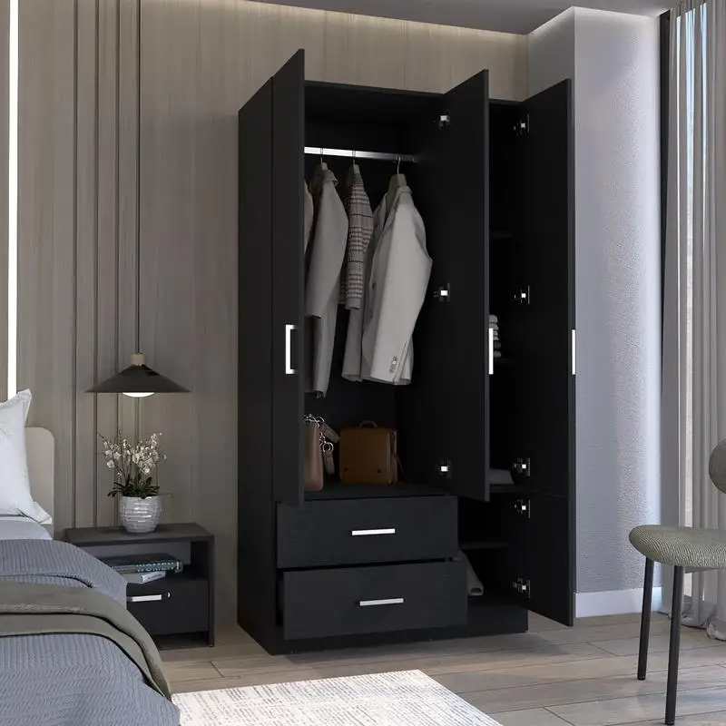 Armario de 71" de alto con 2 cajones, 4 puertas, 3 gabinetes, 6 estantes y barra colgante para almacenamiento de ropa de dormitorio