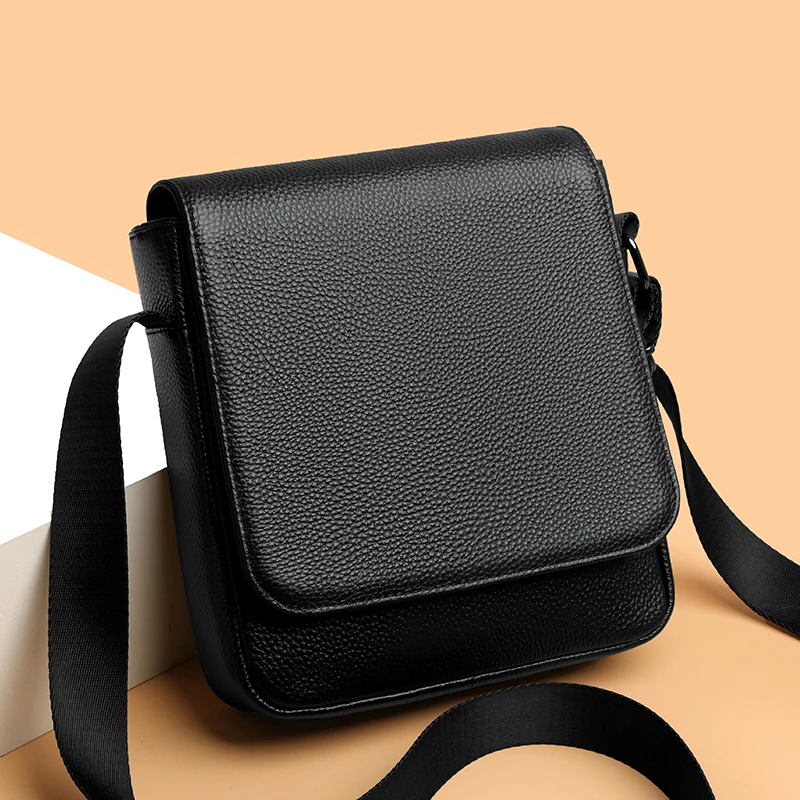 Casual Leather Men's Crossbody Phone Bag Vertical Top Layer Cowhide Fashionable Shoulder Bag Simple Style Pure Color Polyester L