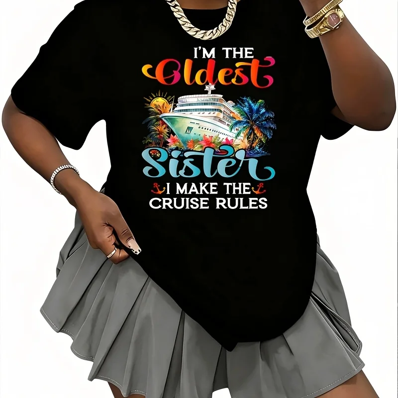 I Make the Rules Oldest Sister Cruise Cruising Women's 100% Cotton T-Shirt Short Sleeve Top Casual Round Neck Fun Print Tee S-5Xl