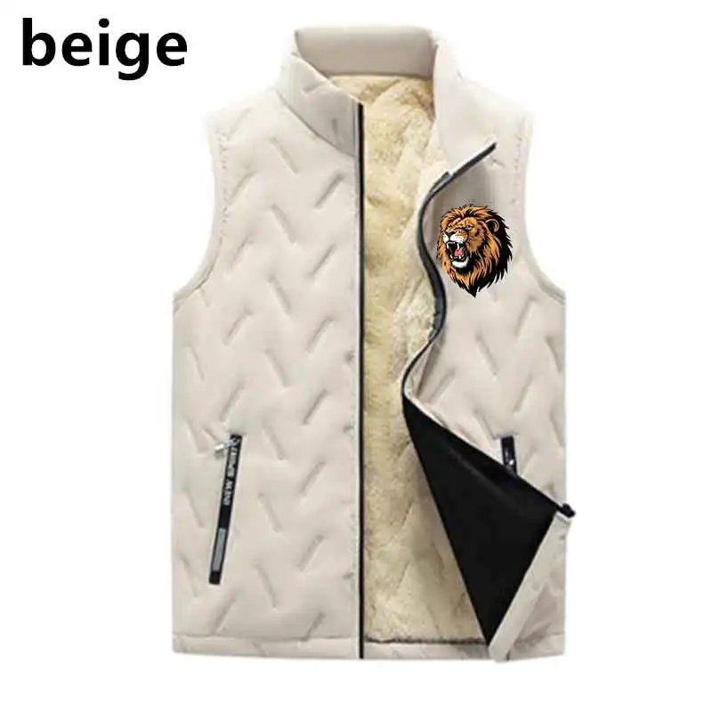 Men Stand Collar Warm Vest Windproof Jacket Lion Print Coat Winter Running Outwear Casual Thicken Waistcoat Thick Gilet Pocket