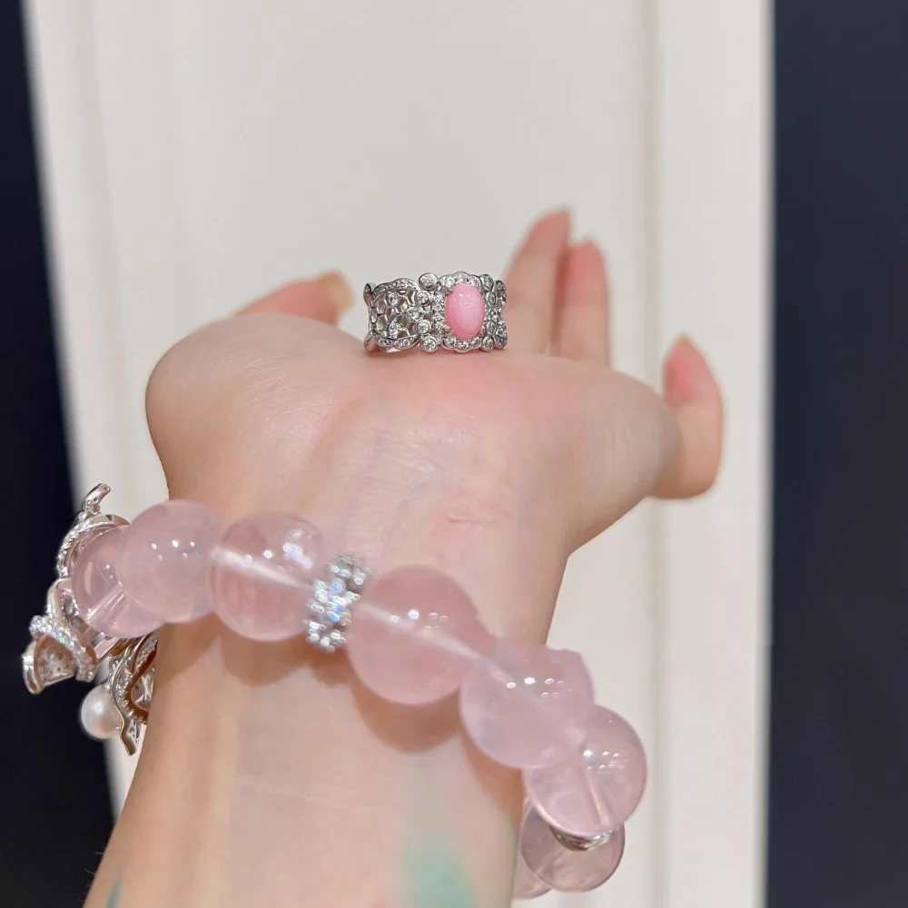Light luxury exquisite silver 925 surround zircon hollow lace rings for women design delicate pink oval ring wedding jewelry