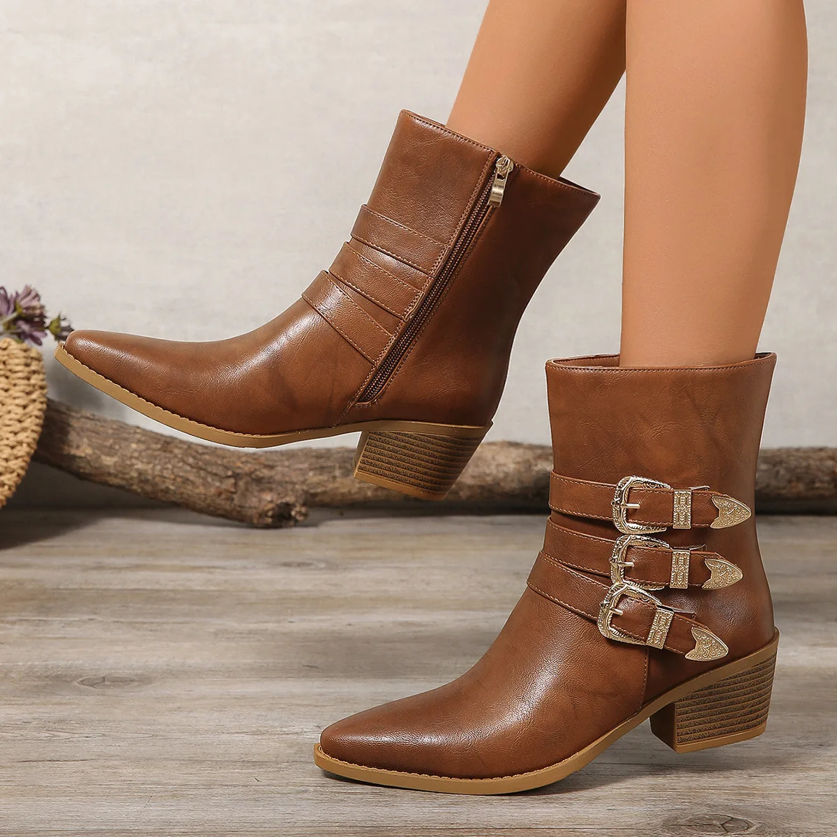 Women's Versatile Western Short Boots Three Row Belt Buckle Breathable Thick Heel Comfortable Ankle Outdoor Leather Boots