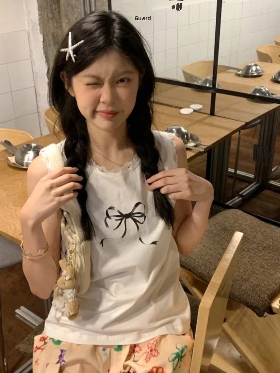 Koronkowa kamizelka z czystej bawełny damska letnia wiosenna luźna z węzłem modna casualowa stringi