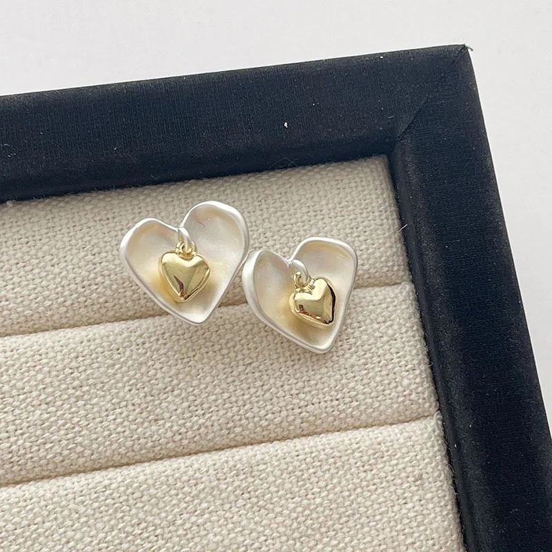 Foxanry Bicolor الحب القلب وأقراط للنساء فتاة الكورية العصرية الإبداعية مزاجه بسيط الحلو الذكرى مجوهرات هدية #5