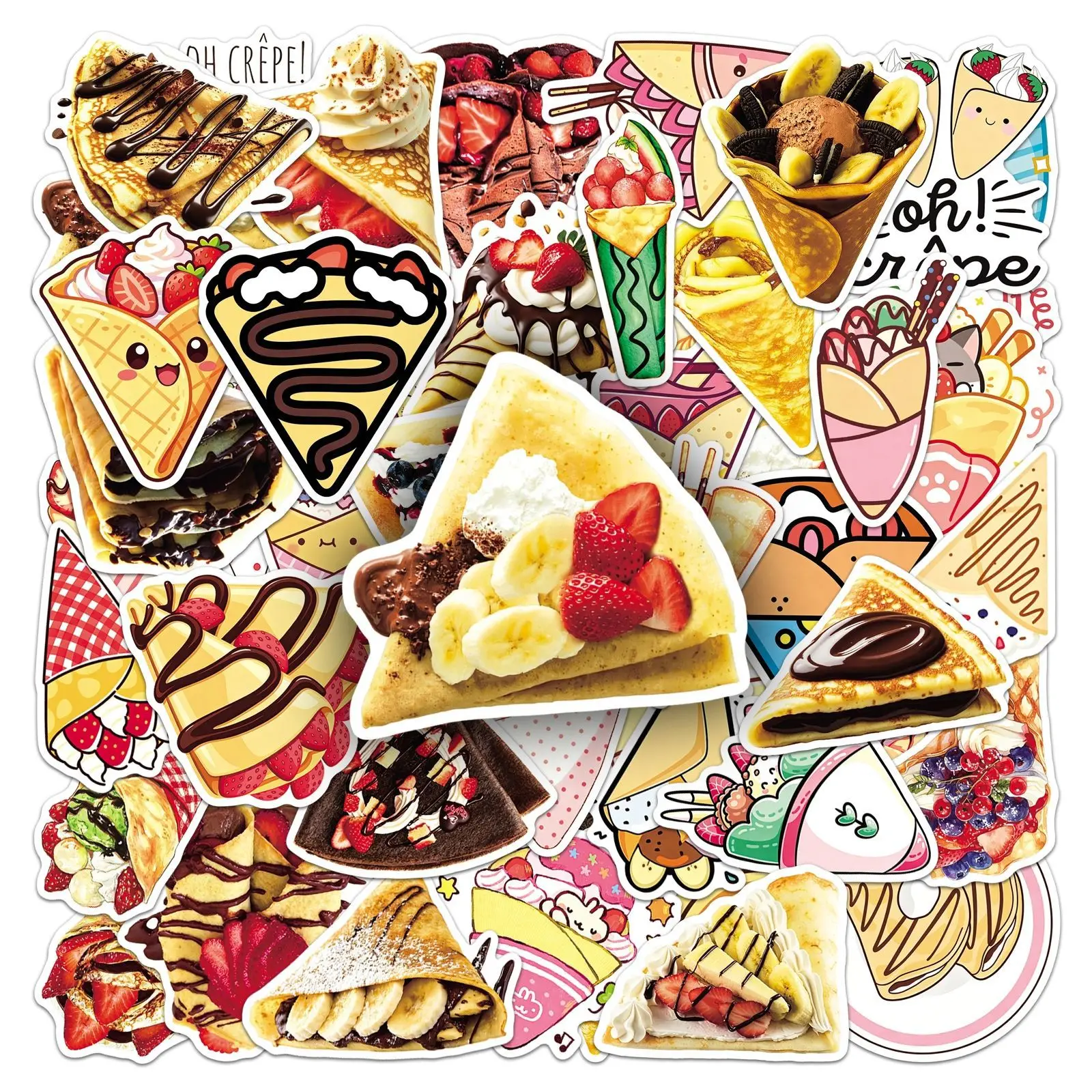 50 PCS Food Crepe Personified Expression Fun Stickers Decorate Lunch Box Fridge Cabinet Luggage Removable Student Decals