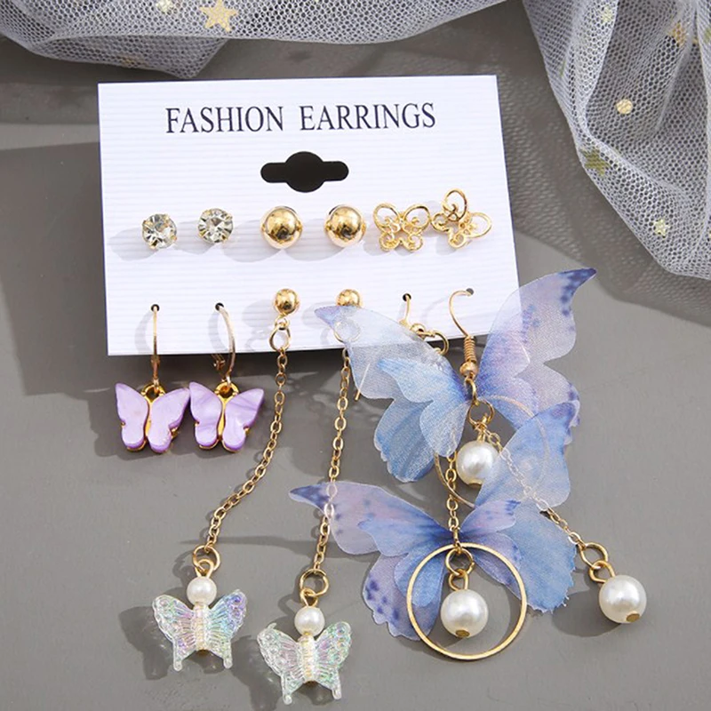 6 Pairs Korean Charm Butterfly Stud Earrings Set For Women Girls Fashion Metal Long Tassel Chain Pierced Earrings Jewelry