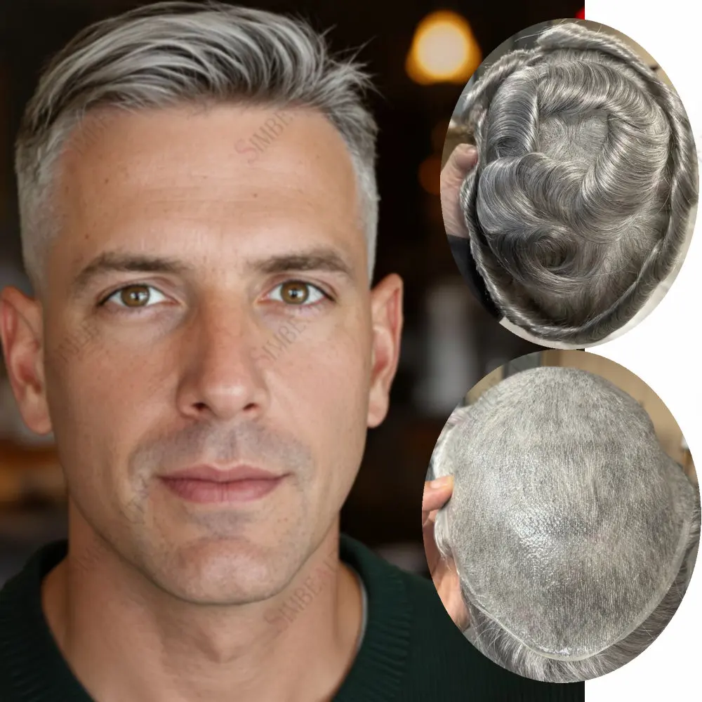

Undetectable Micro Thin 0.02mm Skin Base Men Toupee Capillary Prosthesis 80Density Human Hair1B80 520Grey Black Male Wigs System