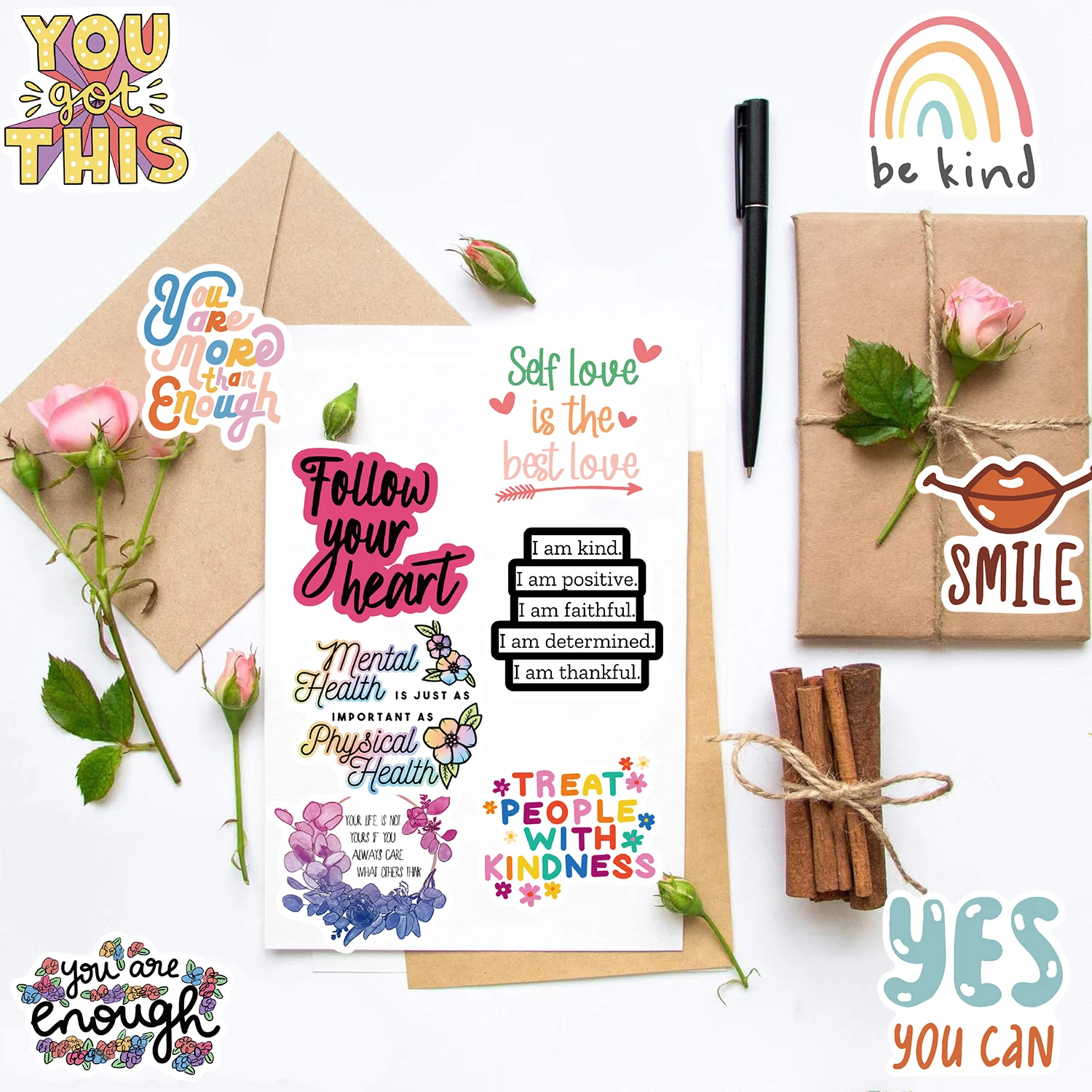 52PCS Inspirational English Sticker Nostalgic Designs Fashion Motivational Phrases DIY Creative Textured Patterns Stickers