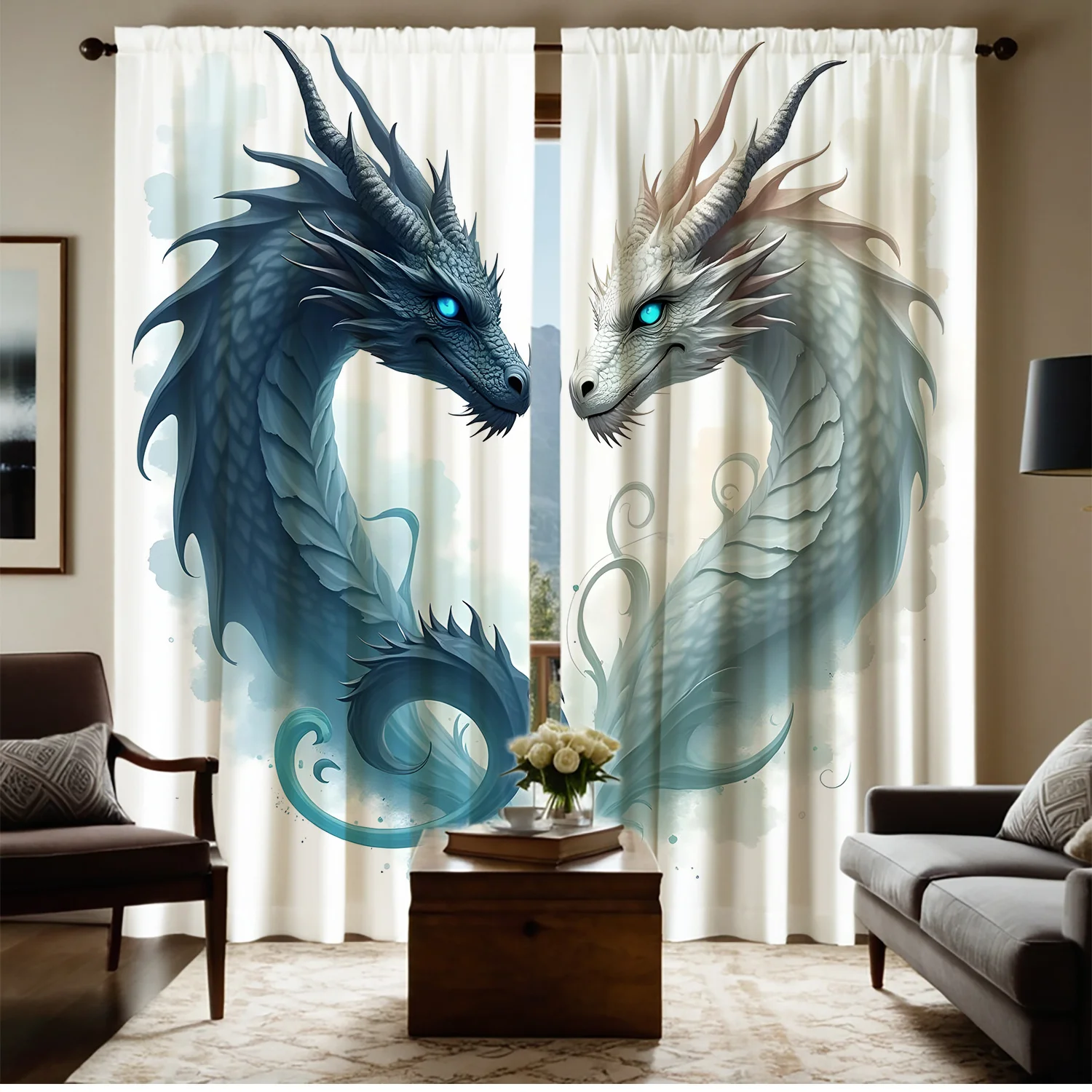 2pcs Glam Style Dragon Print Semi-Sheer Curtains, 35x90in - Blue & White Spiraling Dragons with Cloud Wave Background, Machine