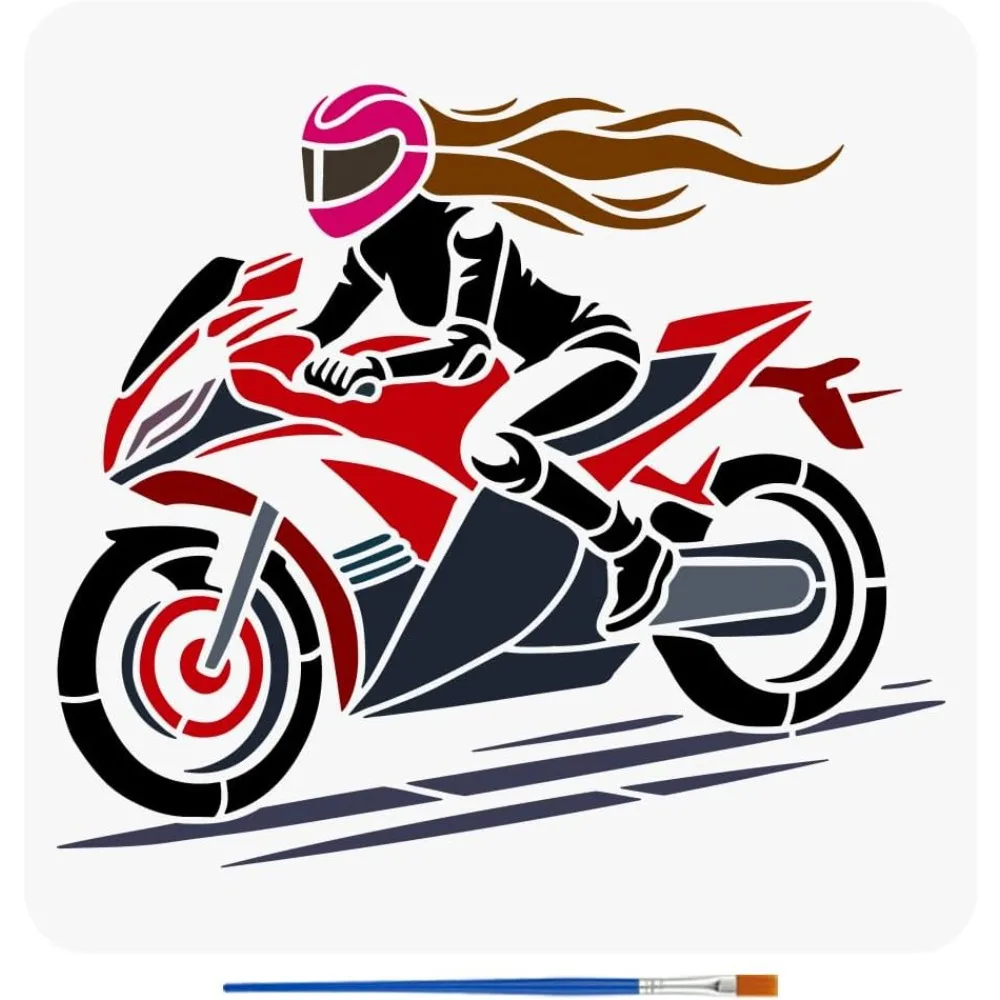Motorcycle Female Rider Stencil - Large 11.8x11.8inch Reusable Stencil - DIY Craft Template - Motorcycle Theme Stencils for Home