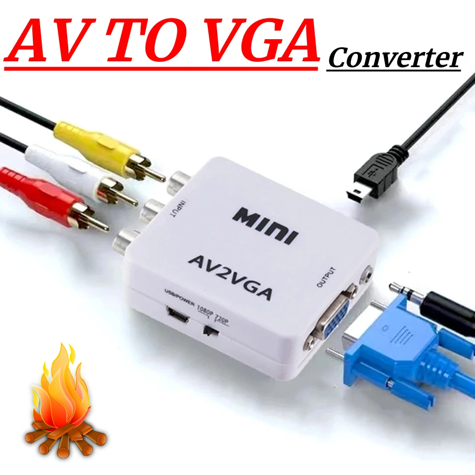 Mini AV2VGA Video Converter Convertor Box AV RCA CVBS to VGA Video Converter Conversor with 3.5mm Audio to PC HDTV Converter
