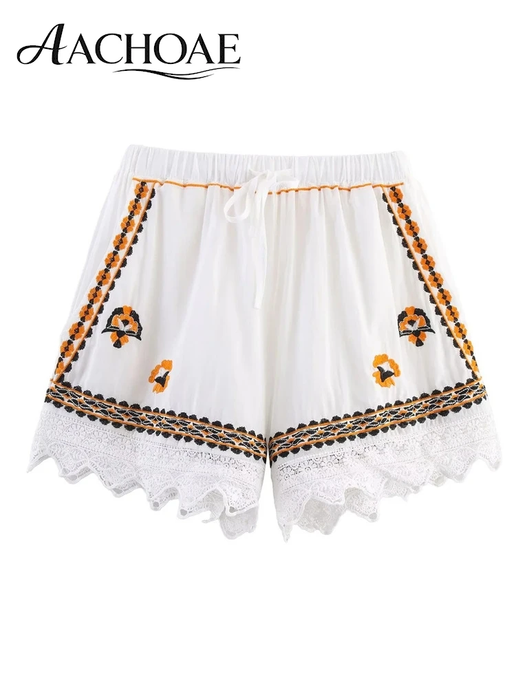 AACHOAE Women's Cotton Boho Embroidered Lace Trim Shorts High Waist Casual Summer Beach Shorts Floral Embroidery Cotton Shorts