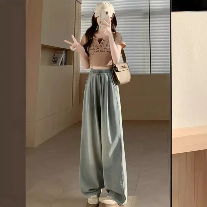 Jeans Women High Waist Ice Silk Summer Thin Light Color Lengthened Slimming Drape Narrow Straight Wide Leg Pants NS5890