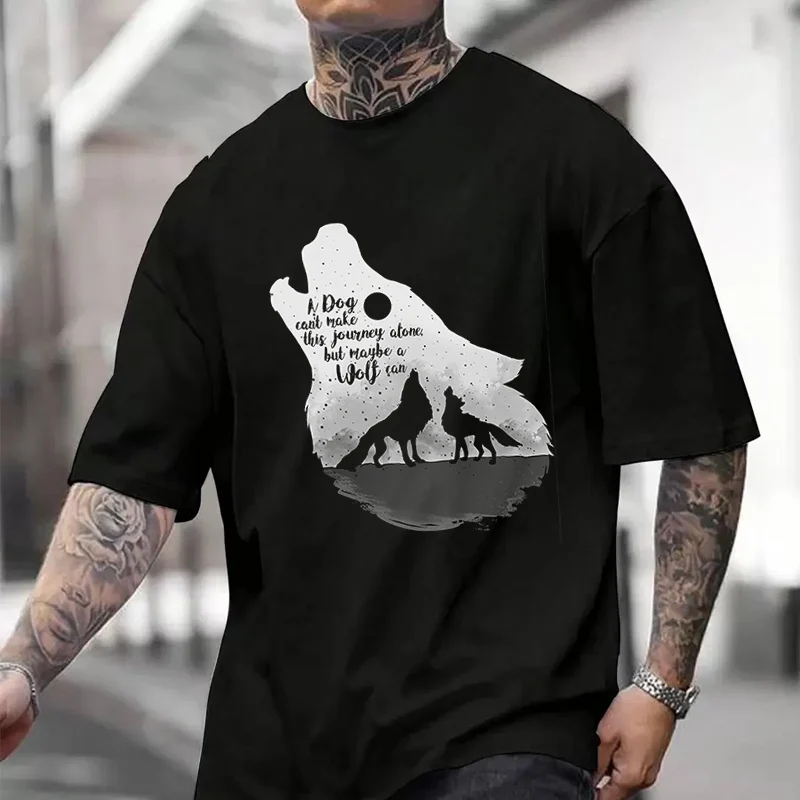 

Men's Women Summer 100% Cotton T-shirt A Black And White Silhouette Of A Wolf Howling Short Sleeved Casual TShirt Round Neck Top