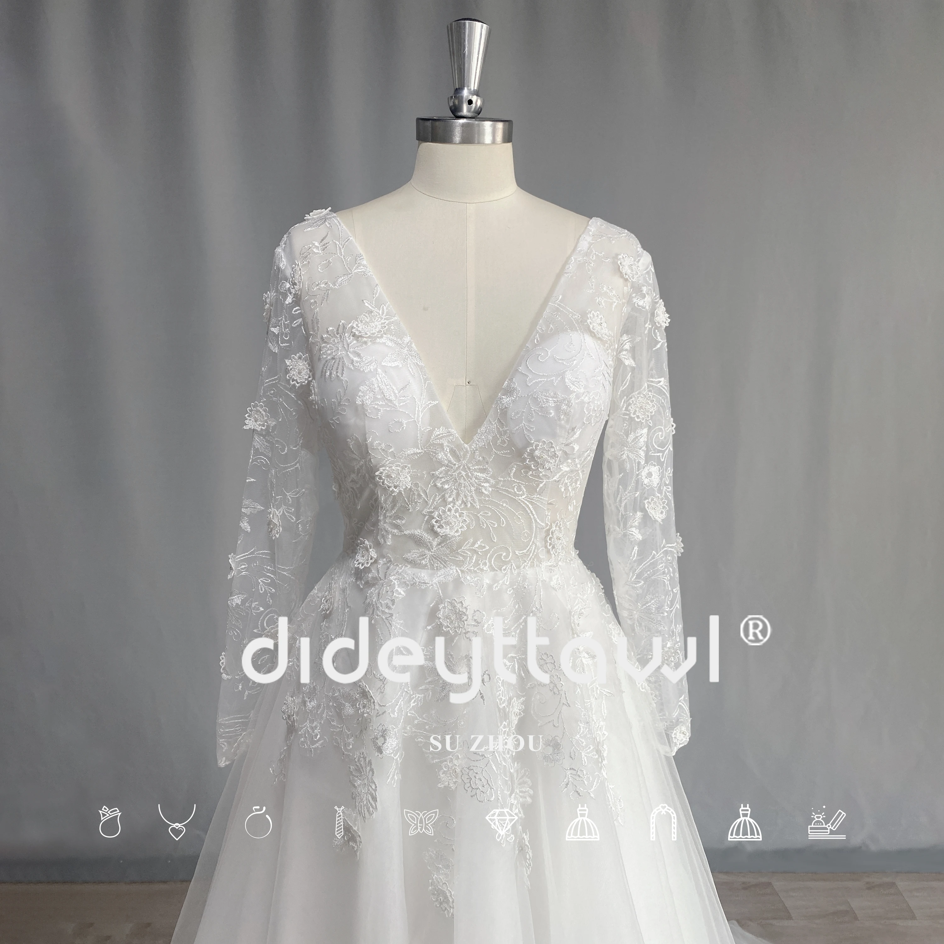 Dideyttawl foto real boêmio manga longa vestidos de casamento foto real v pescoço fenda uma linha 3d floral rendas e tule vestidos de noiva