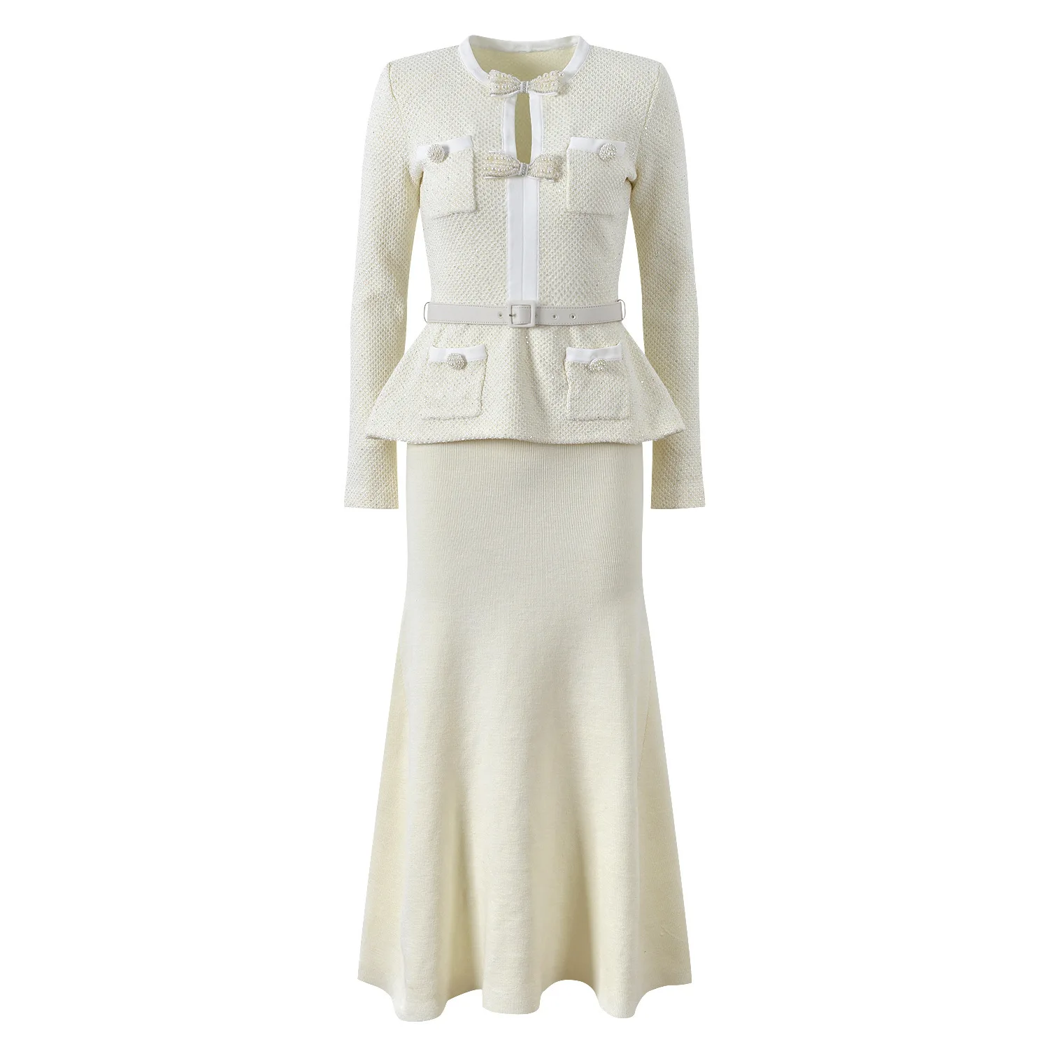 

Женское платье миди со стразами и жемчугом и бантом, искусственное платье из двух частей с круглым вырезом, поясом и карманами, весна 2026