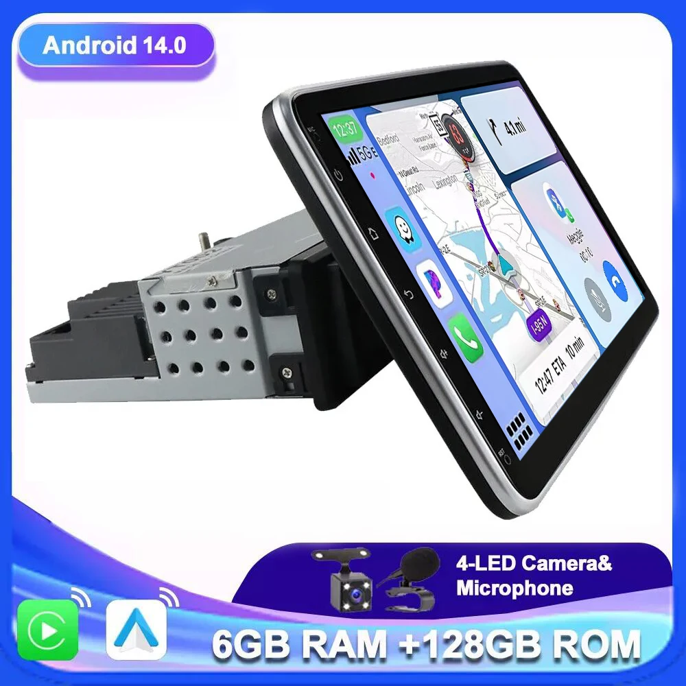 

8-ядерный 10-дюймовый вращающийся 4G + WIFI 1 Din Android 14 автомобильный радиоприемник мультимедиа 1din авторадио стерео накладка GPS-навигация DVD