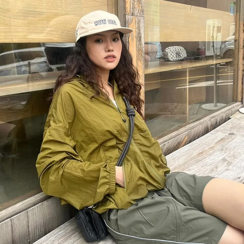 Vintage Hooded Jackets Women Gorpcore Casual Summer Lightweight Outerwears Zipper Jackets Thin Sunscreen Coats Harajuku