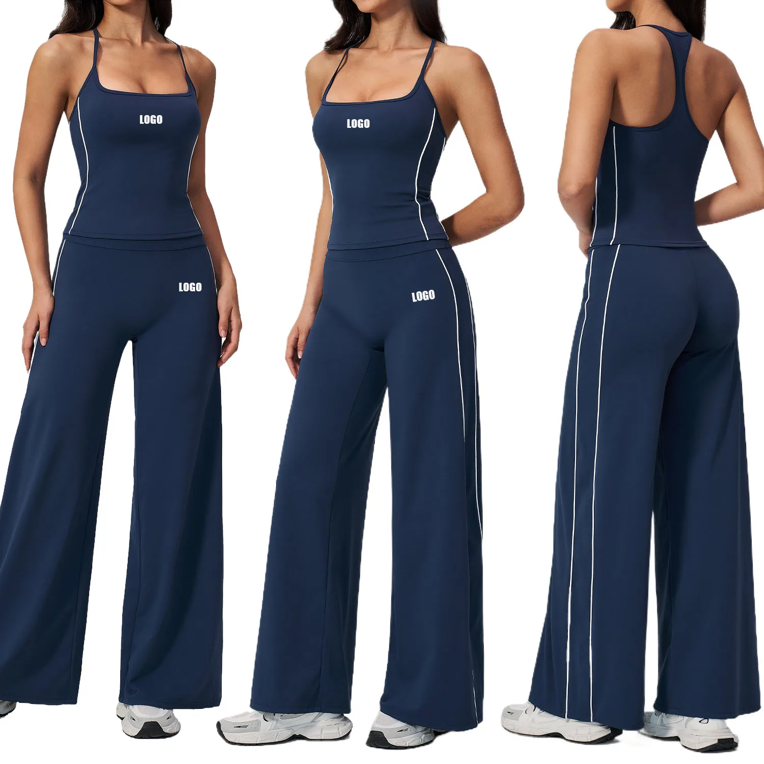 Custom LOGO women's summer sports yoga running fitness slim hip lift quick drying sling vest wide leg pants two-piece set