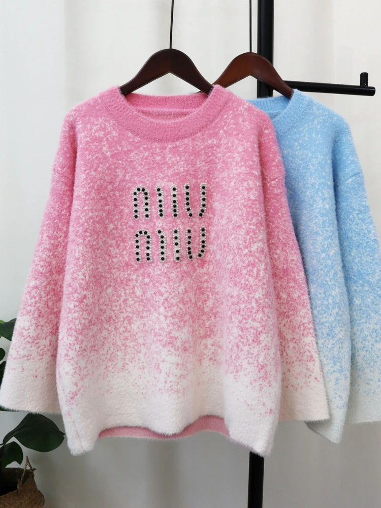 Fashion Imitation Mink Velvet Knitted Pullover Women 23 Autumn Winter Korean Loose O-Neck Sweater Gradient Color Long Sleeve Top