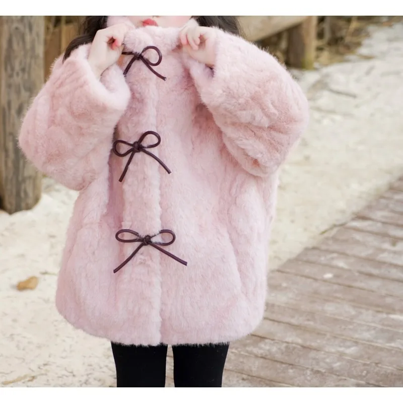 Girls' Winter Clothing Warm Fur Integrated Jacket Children's Pink Fur Cotton Clothing Little Girl Baby Thickened Wool Sweater