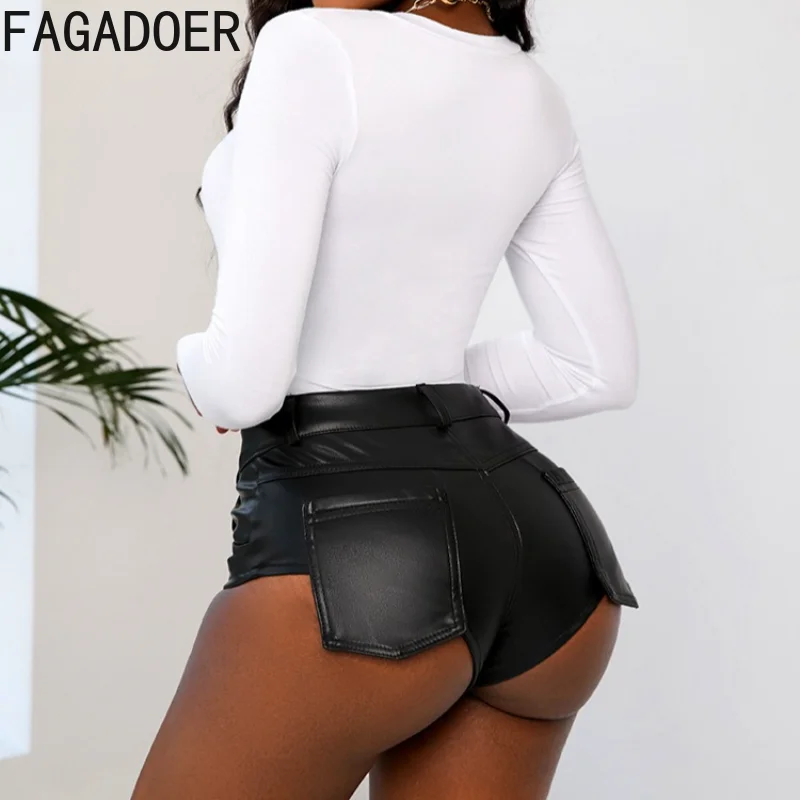 FAGADOER Punk Gothic Sexy Leather Shorts Women Black Cargo Pocket Patchwork High Waist Shorts Female Streetwear Bottoms 2025 New