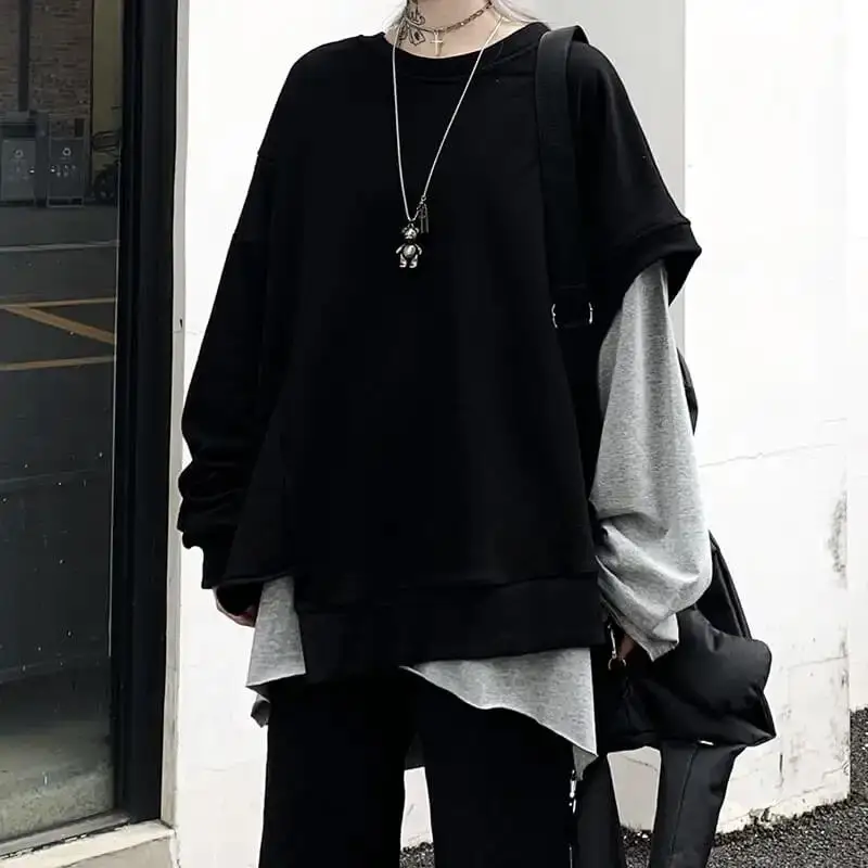 

plus Size 300 Pounds Fat MM Hoodie Women's Loose Long Sleeve Spring Autumn Korean Harajuku Style Design Sense Asymmetrical Top