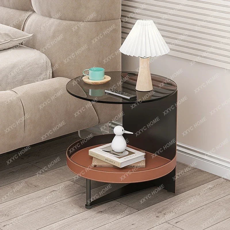 

Creative Bedside Table Storage Small Coffee Table Tempered Glass Saddle Leather Wrought Iron Side Table