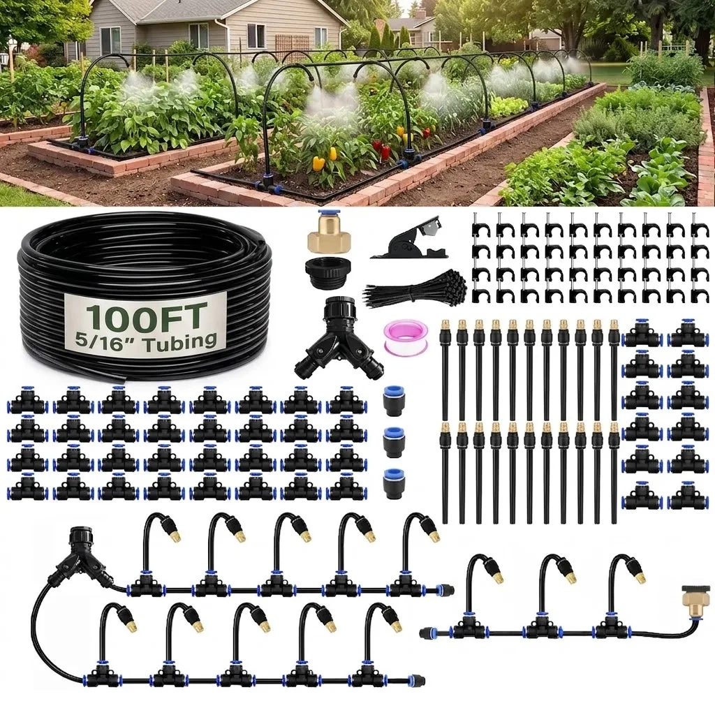 Garden Watering Kit 50/66/100FT 5 16 inch tubing brass faucet adapter mist drip off modes high quality brass nozzles outdoor