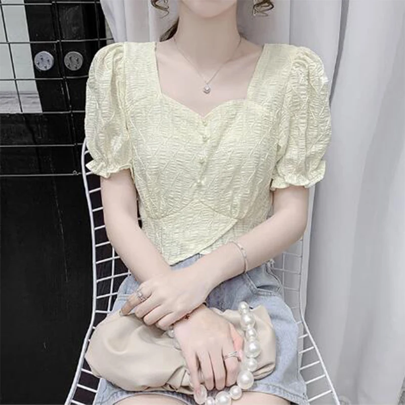 Summer New Elegant Fashion Square Collar Beading Irregular Chiffon Shirt Top Women Waist Ruffles Puff Short Sleeve Casual Blouse