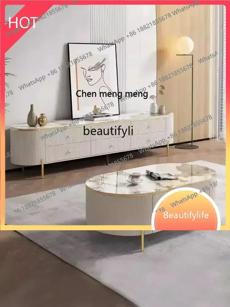 

A Rock slab TV cabinet living room household small apartment light luxury oval TV cabinet coffee table combinationSS 8617