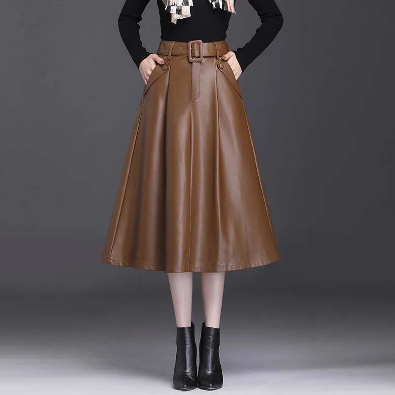 #1605 Black Khaki Red Faux Leather Skirt Women Belt Office A-line Skirt Female Loose Elegant Split Joint Pleated Midi Skirt 