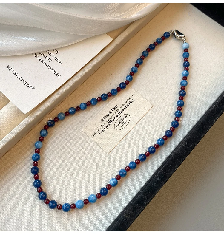Leichter Luxus Naturstein-Perlenkette Blauer Achatstein Kurze Halskette 2025 Trendiger Schmuck für Frauen Schlüsselbeinkette Accessoires – Detail 4