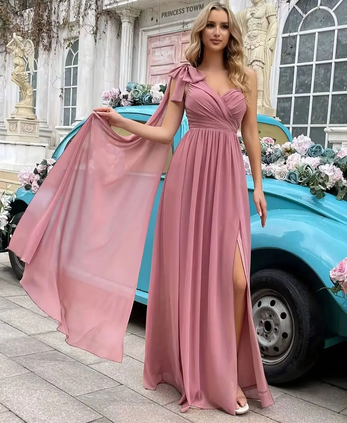 الشيفون القوس أشرطة فساتين وصيفة الشرف الحبيب واحد الكتف ألف خط الشق فستان الحفلة الراقصة عادي بسيط أنيق الزواج فساتين الضيوف #1