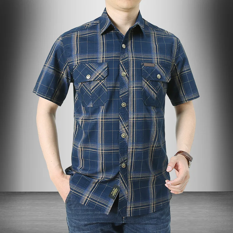 Summer Plaid Shirt Men Short Sleeve Bomber Army Military Shirts Pure Cotton Chemise Homme 5Xl Business Casual Lapel Shirt