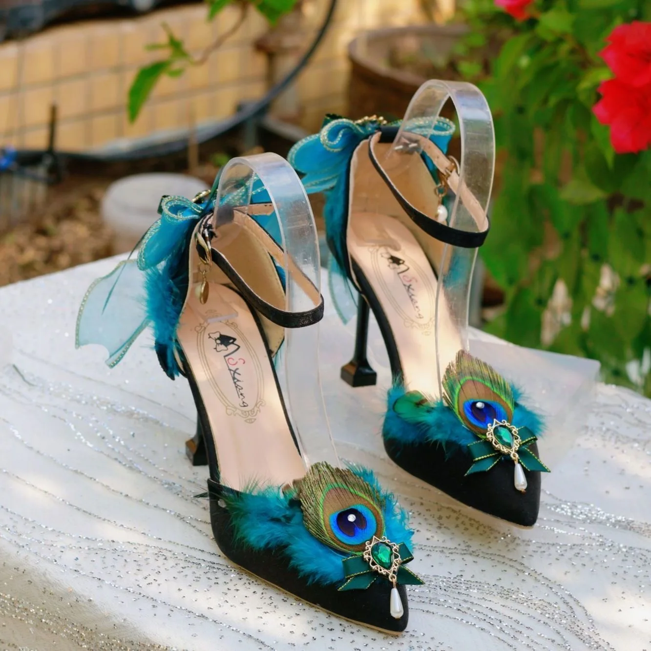 heels for ladies peacock feather Elegant woman heeled shoes High heels elegant women's shoes Mary jane Lolita heels for girls