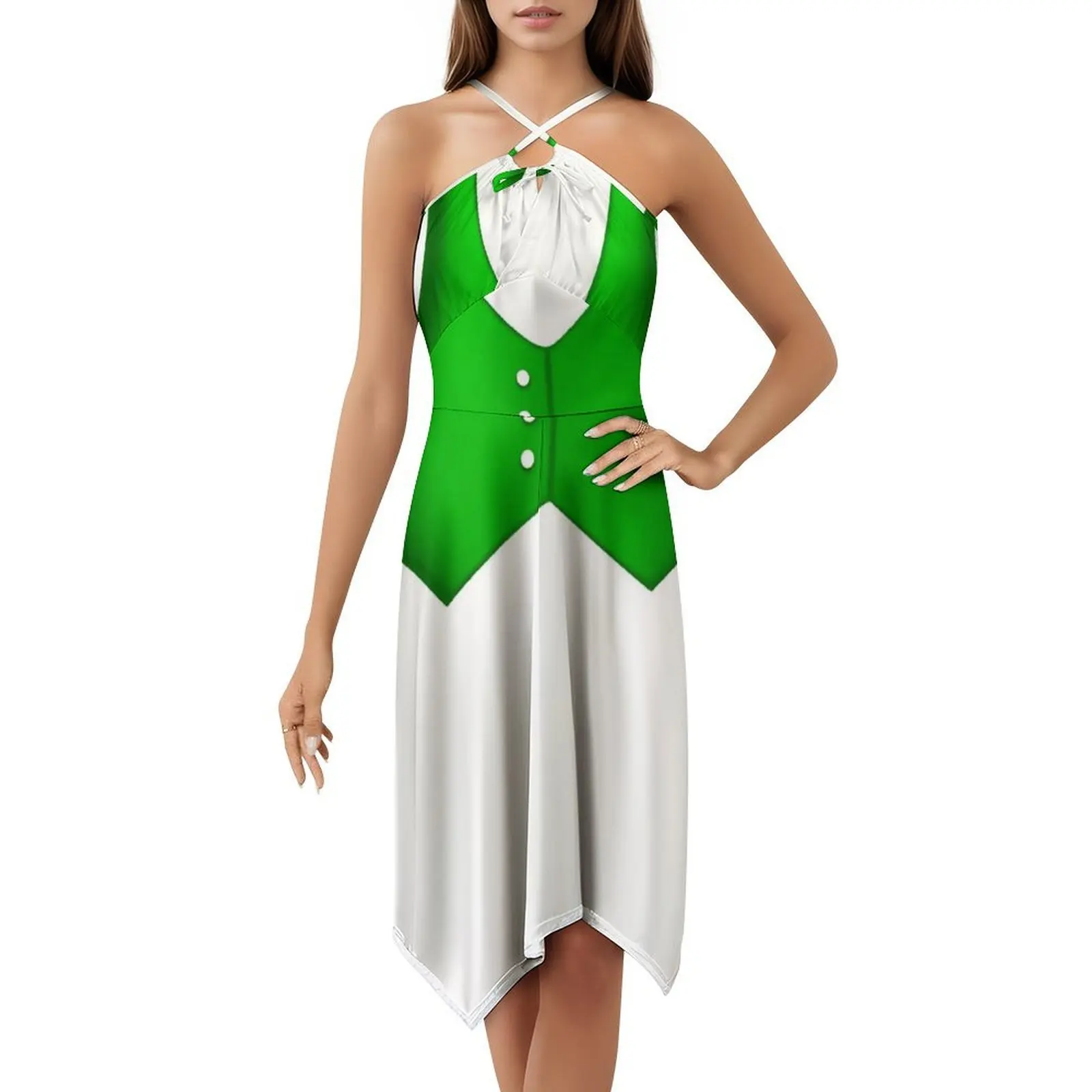 塗装された明るい緑色のベスト、3 つのボタン付き、ヴィンテージボヘミアンドレス、パフスリーブまたはノースリーブのオプション、女性用ドレス、塗装済み