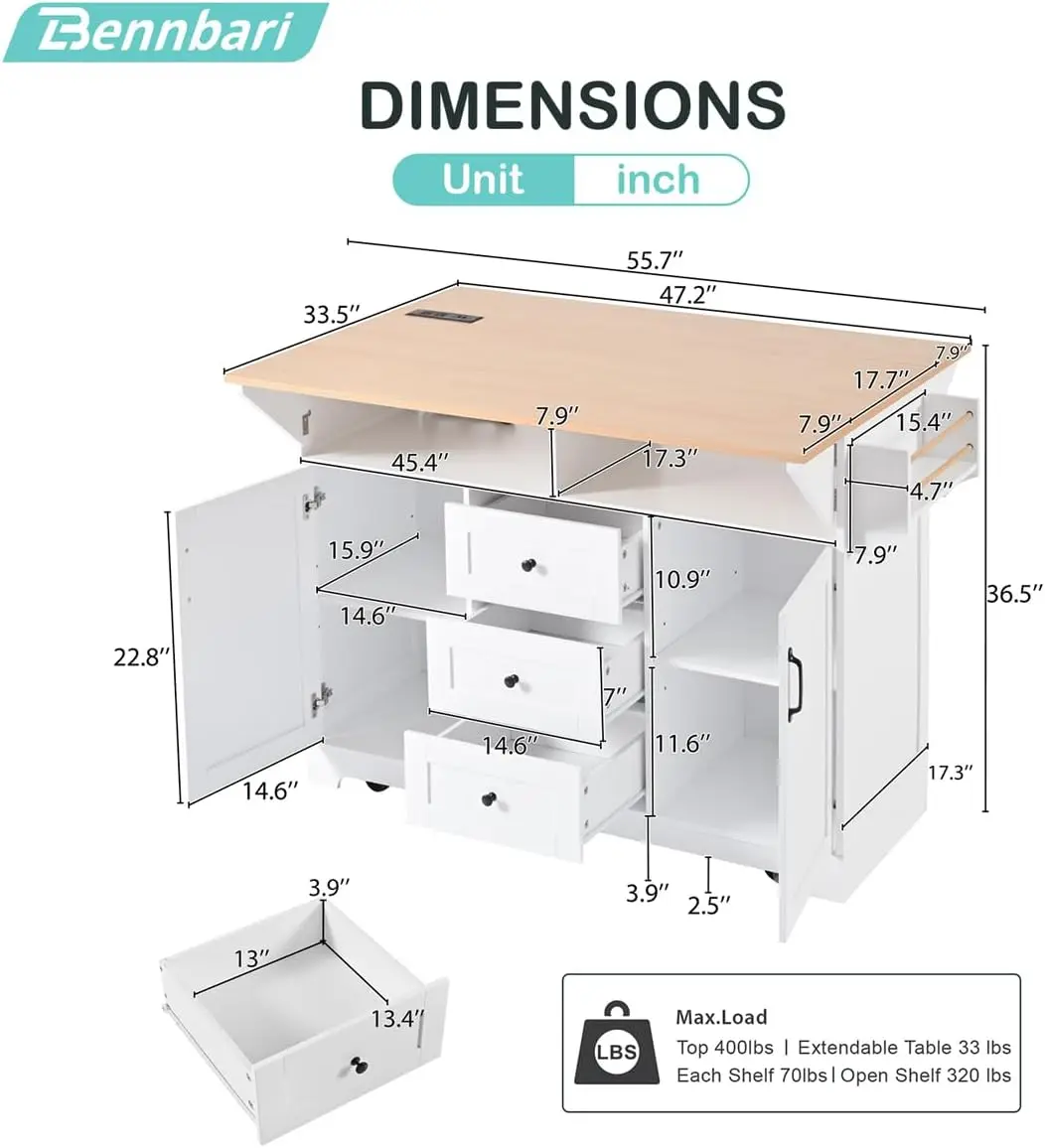 Kitchen Island with 2 Drop Leaf, Kitchen Cart on Wheels with Power Outlet, Mobile Kitchen Storage Cart, Folding Storage