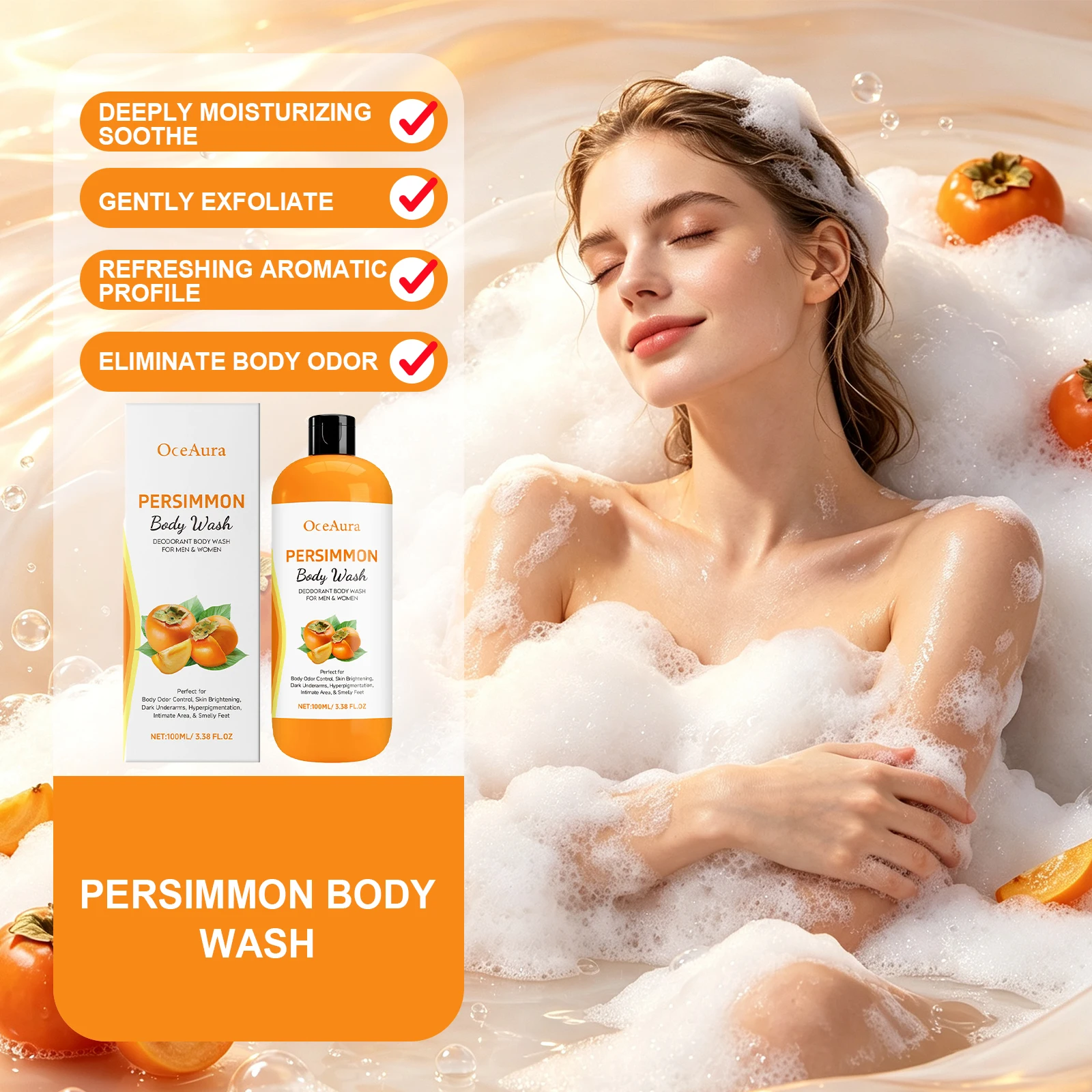 Persimmon Body Wash 100ml Odor Control Brightening Underarm Hyperpigmentation Smelly Feet Care Deodorizing Men Women Shower Gel