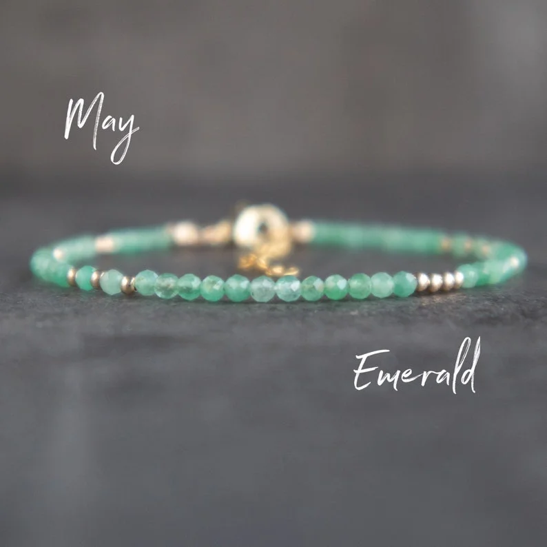 Emerald Bracelet, Dainty Stackable Gemstone Bracelets for Women in Gold & Silver, May Birthday Gifts for Her, Emerald Birthstone