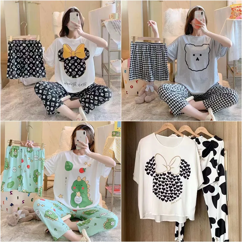 3 sztuk/zestaw damska wiosenna i letnia piżama luźna O-Neck z długimi rękawami moda Cute Cartoon Homewear na zewnątrz codzienna odzież domowa