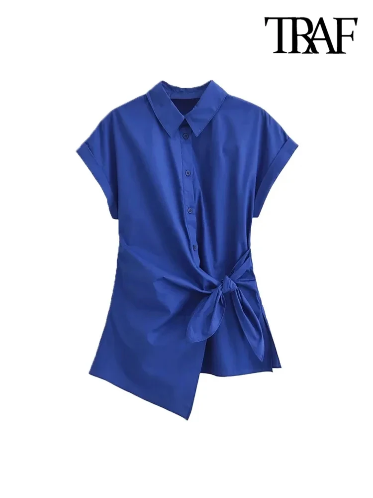 TRAF-Asymmetric Poplin Shirts for Women, Front Knot with Ties, Short Sleeve, Button-up, Female Blouses, Chic Tops, Fashion